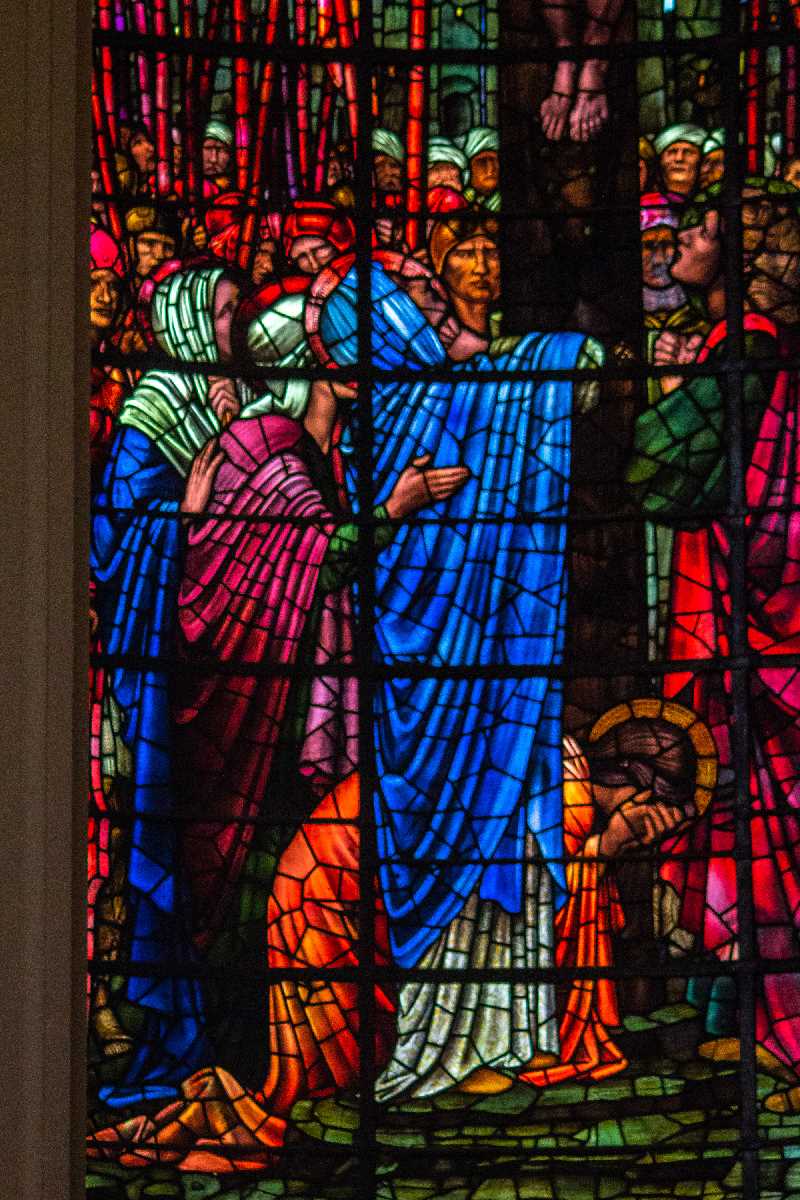 Detail from Burne Jones' crucifixion window: Grief at the foot of the cross.
